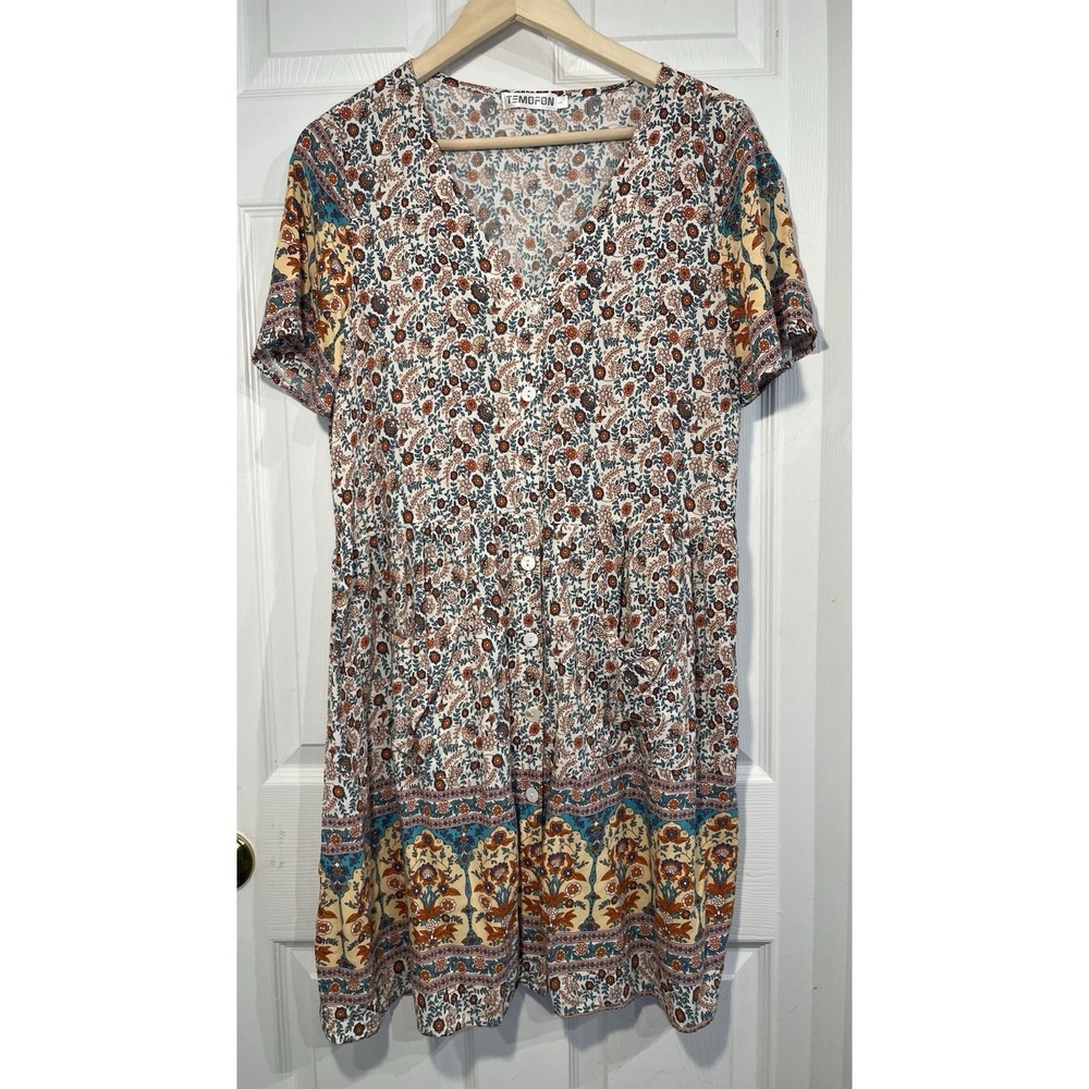 TEMOFON Women's Boho Floral Button Front Mini Dress‎ Rayon Short Sleeve Large